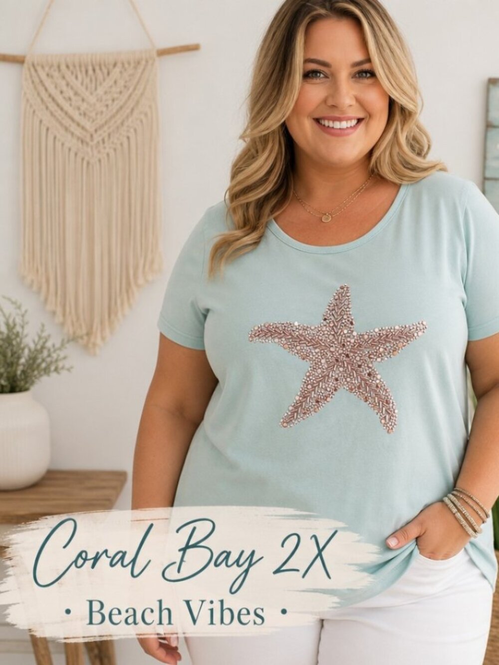 Coral Bay Starfish Tee– Soft Aqua Green, Embellished Sequin Design, Beach Vibes